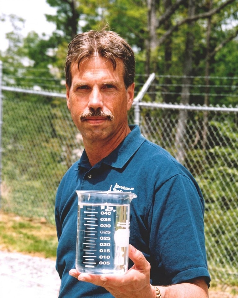 John H. Evans, founder of EMS, holding a clear water sample in a laboratory beaker.