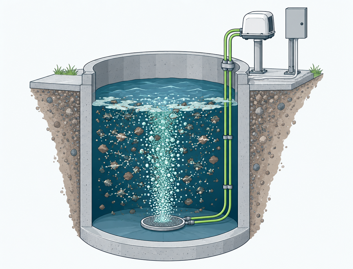 Cutaway of a lift station wet well: a diffuser on the floor releases a plume of air bubbles that keeps solids suspended, fed by air lines up to a compressor and control panel mounted above ground.