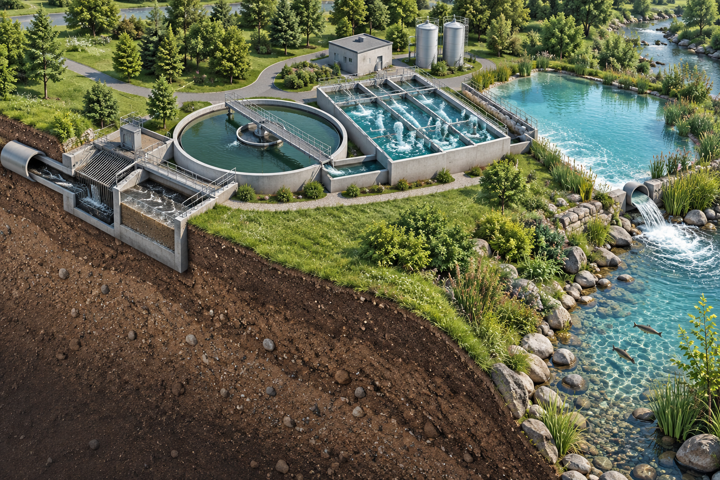 Illustration of the treatment journey set in the landscape: dark wastewater enters through a buried pipe at left, passes through screening, a clarifier, aeration basins and a lagoon, and leaves clear and healthy into a creek at right.